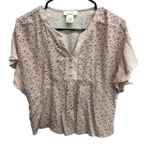 Urban Romantics Pink Floral Short Sleeve Blouse Button Front Ruffle Size S